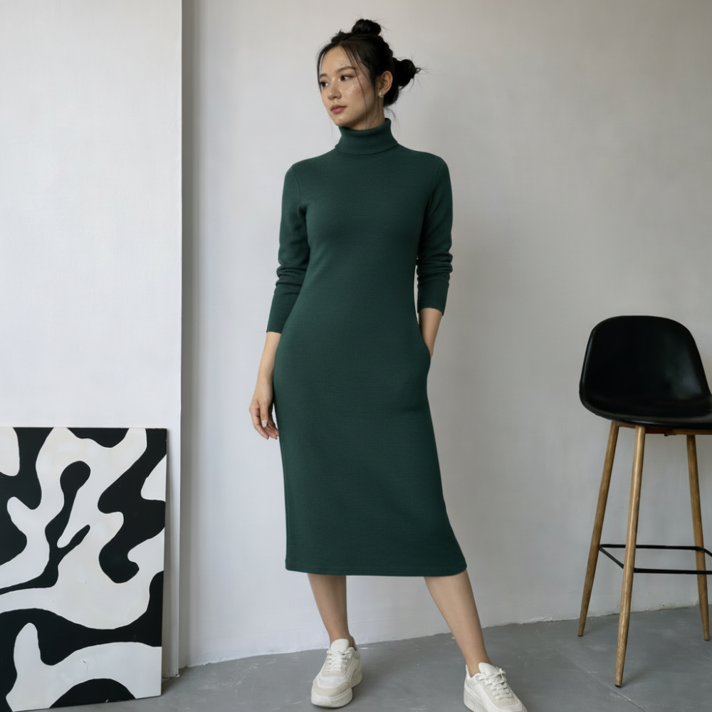 Green Knit Turtleneck Dress