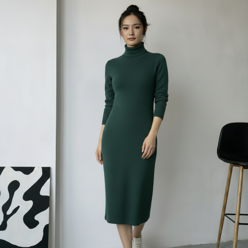 Green Knit Turtleneck Dress